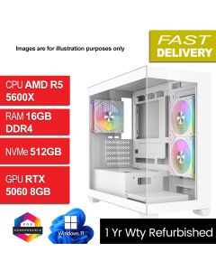 AMD Ryzen 5 5600X, RTX 5060, W11H, Mercury White Refurb Gaming PC