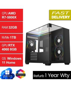 AMD R7 5800X 32GB 1TB RTX4060 W11H, Eclipse Black Refurb Gaming PC